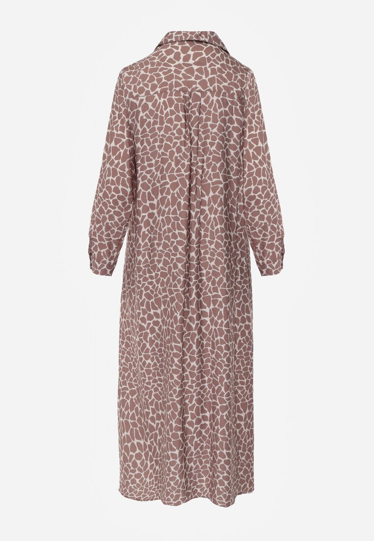 Beżowa Sukienka z Wiskozą o Koszulowym Kroju w Giraffe Print Braloria