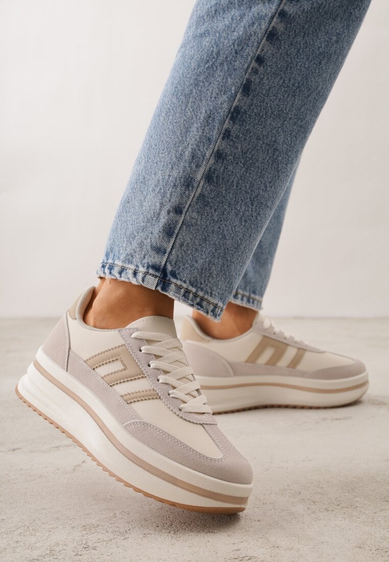 Beżowe Sneakersy na Platformie z Geometrycznym Motywem Hippiopis