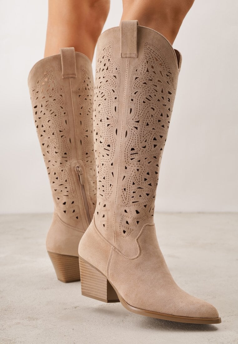 Beżowe Ażurowe Kozaki Typu Kowbojki na Stożkowym Obcasie Antastus