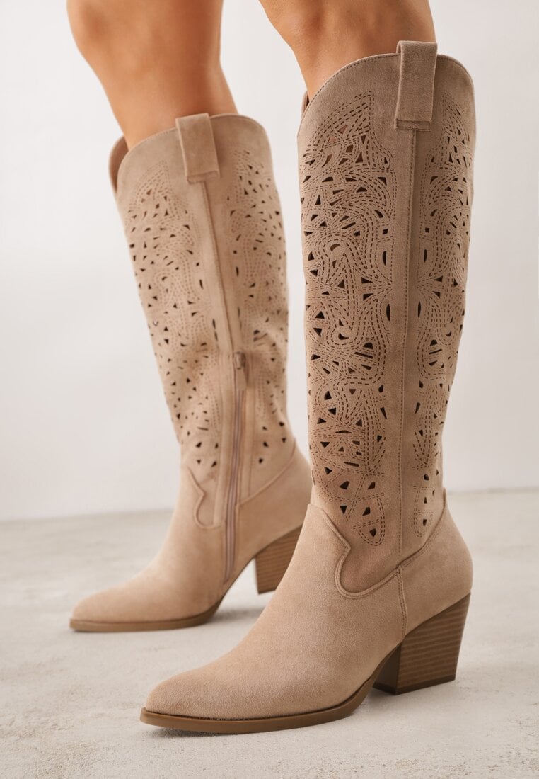 Beżowe Ażurowe Kozaki Typu Kowbojki na Stożkowym Obcasie Antastus