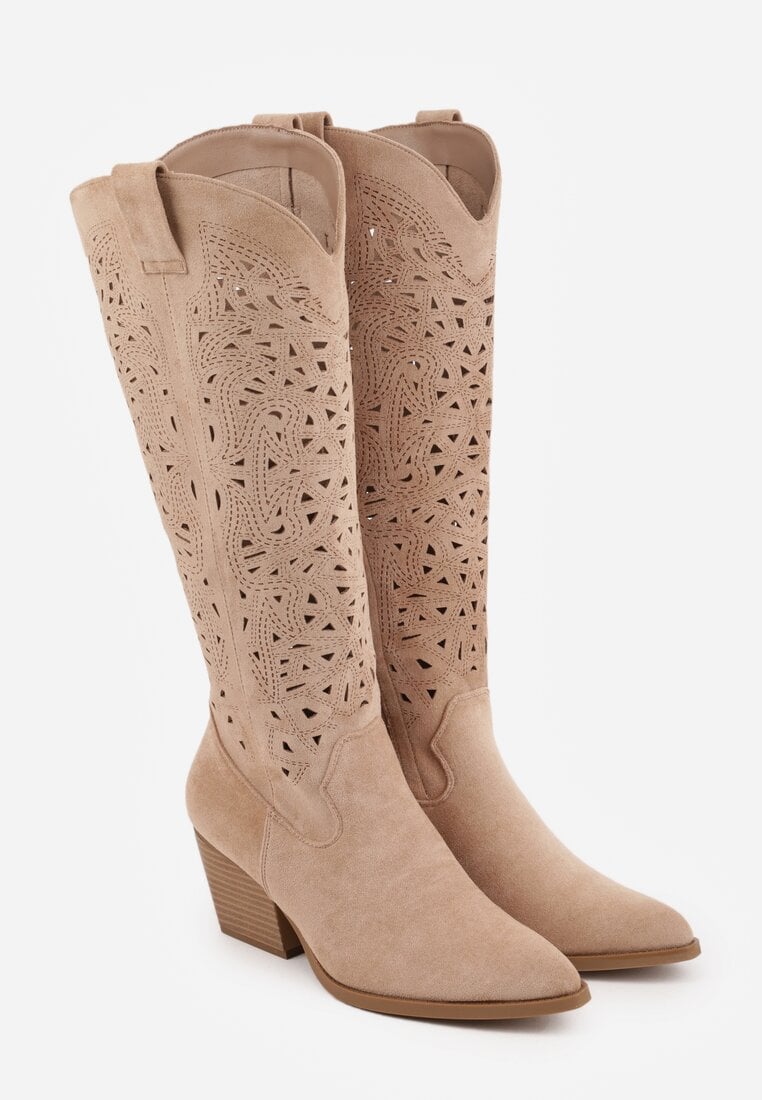 Beżowe Ażurowe Kozaki Typu Kowbojki na Stożkowym Obcasie Antastus