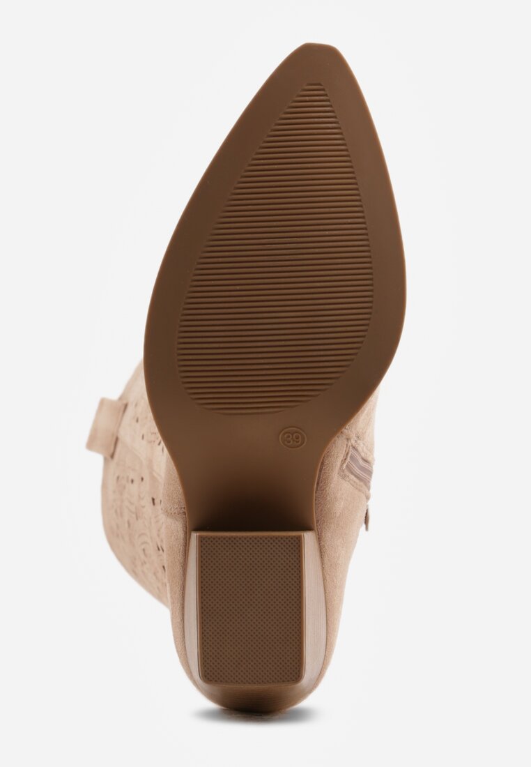 Beżowe Ażurowe Kozaki Typu Kowbojki na Stożkowym Obcasie Antastus