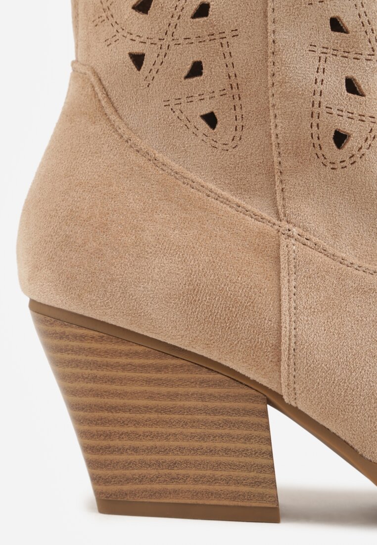 Beżowe Ażurowe Kozaki Typu Kowbojki na Stożkowym Obcasie Antastus