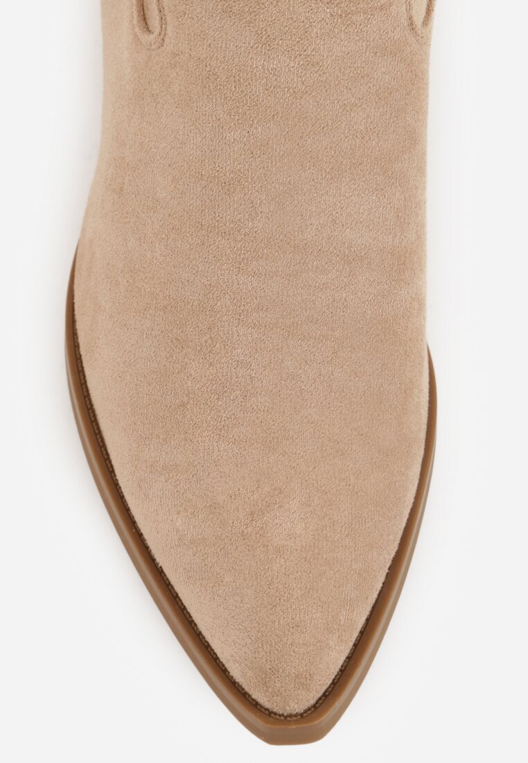 Beżowe Ażurowe Kozaki Typu Kowbojki na Stożkowym Obcasie Antastus