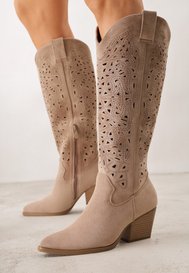 Ciemnobeżowe Ażurowe Kozaki Typu Kowbojki na Stożkowym Obcasie Antastus
