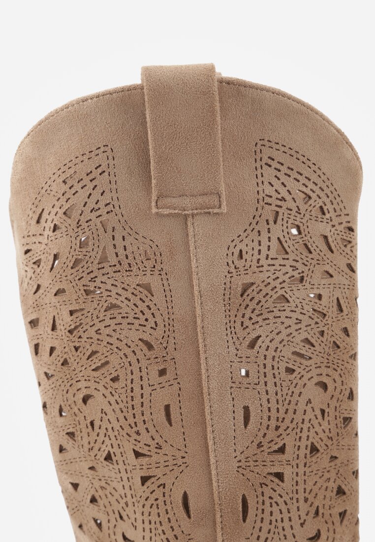 Ciemnobeżowe Ażurowe Kozaki Typu Kowbojki na Stożkowym Obcasie Antastus
