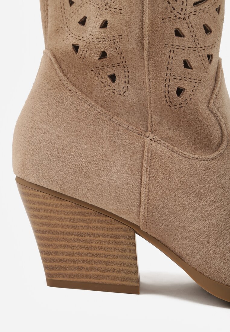 Ciemnobeżowe Ażurowe Kozaki Typu Kowbojki na Stożkowym Obcasie Antastus