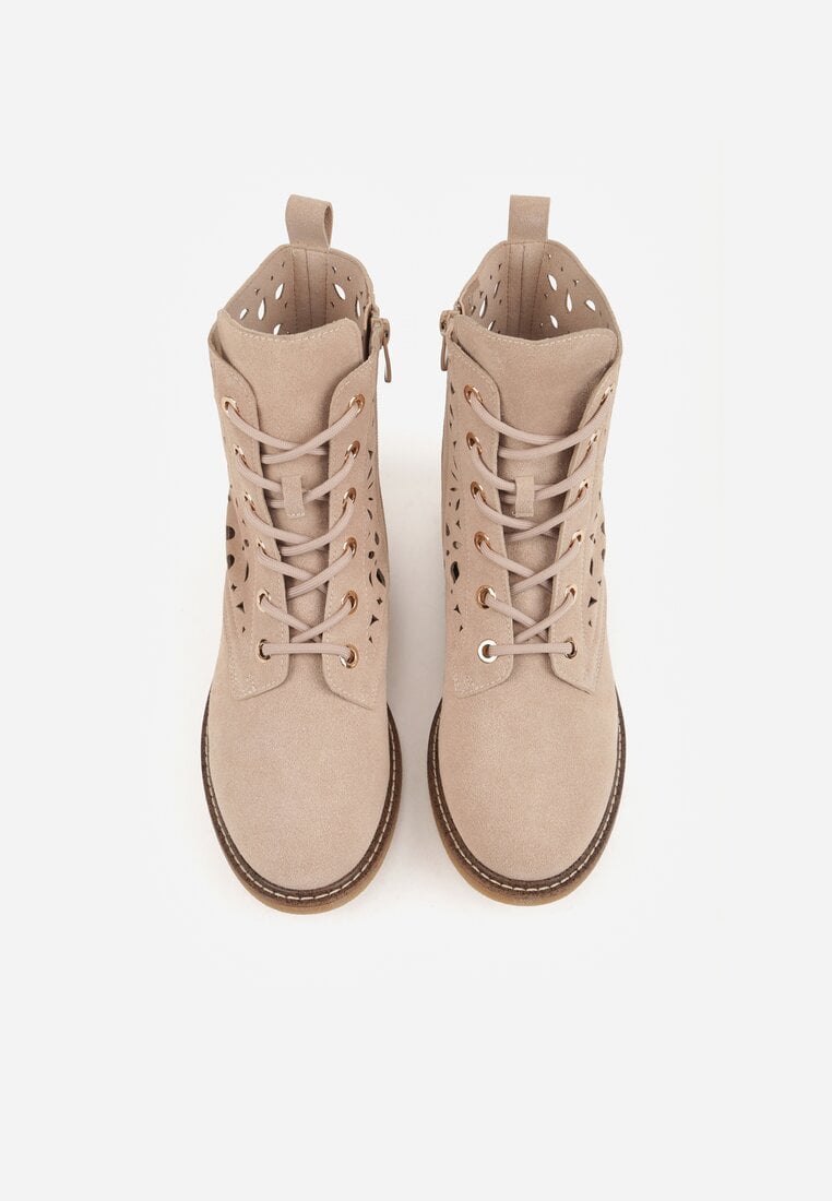 Beżowe Skórzane Botki z Ażurowym Wzorem Kasona