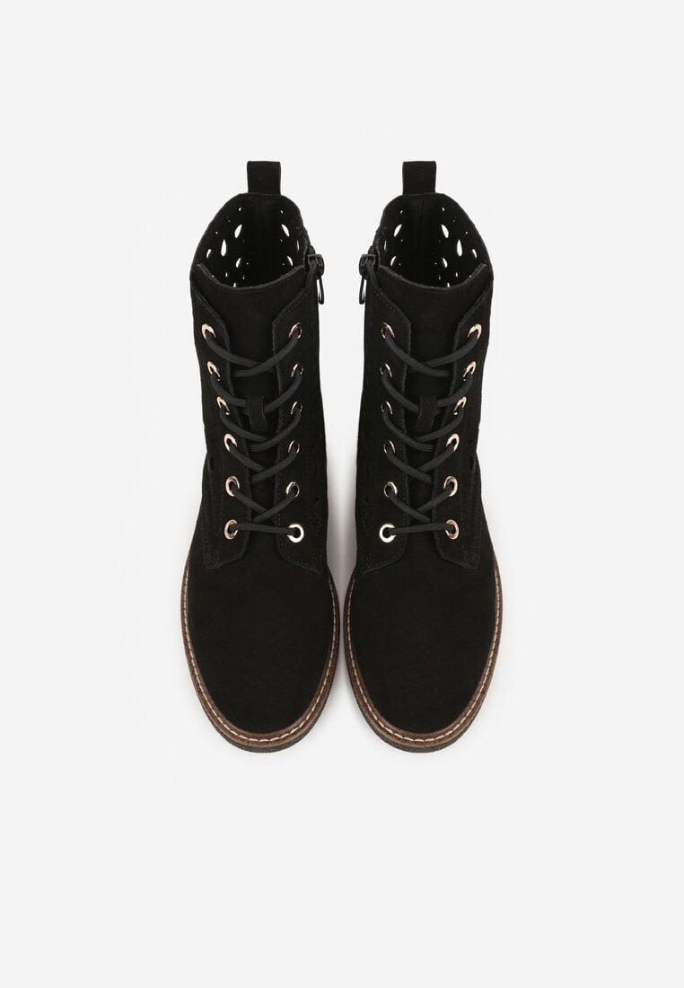 Czarne Skórzane Botki z Ażurowym Wzorem Kasona