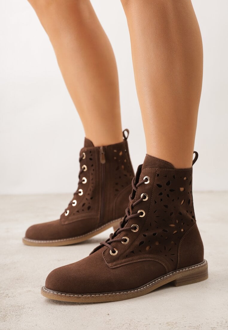 Brązowe Skórzane Botki z Ażurowym Wzorem Kasona