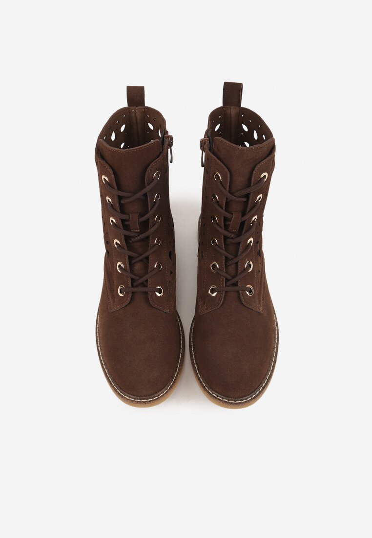 Brązowe Skórzane Botki z Ażurowym Wzorem Kasona