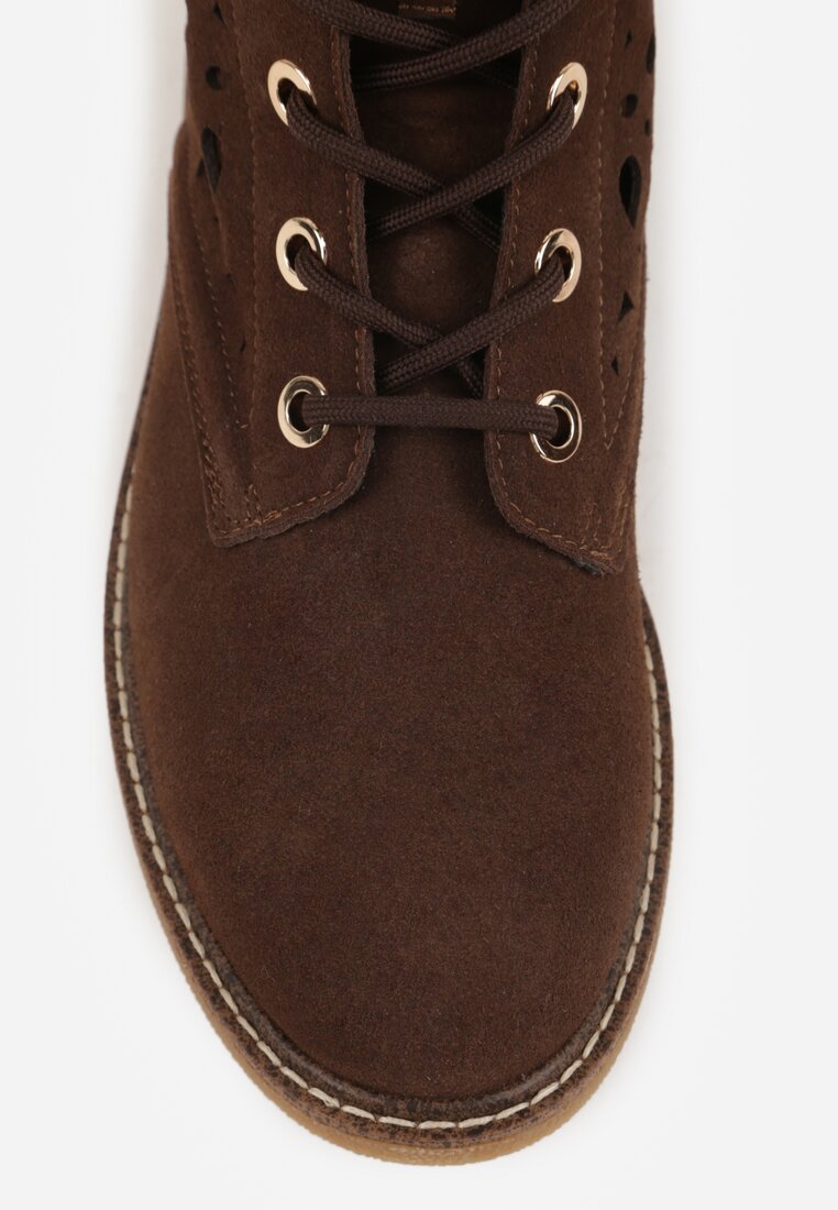 Brązowe Skórzane Botki z Ażurowym Wzorem Kasona