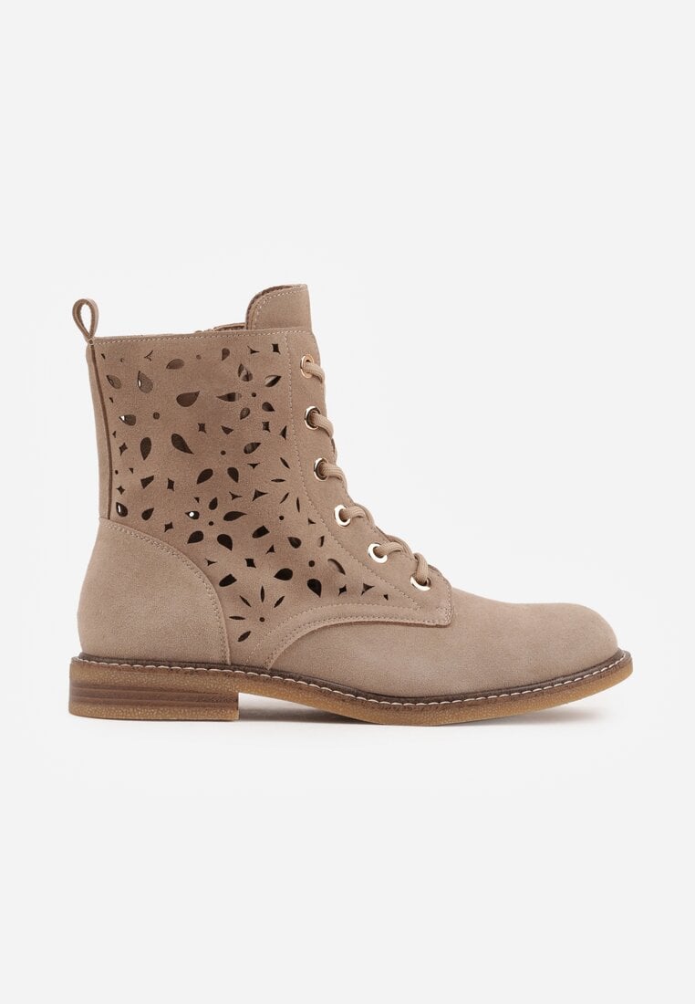 Ciemnobeżowe Skórzane Botki z Ażurowym Wzorem Kasona