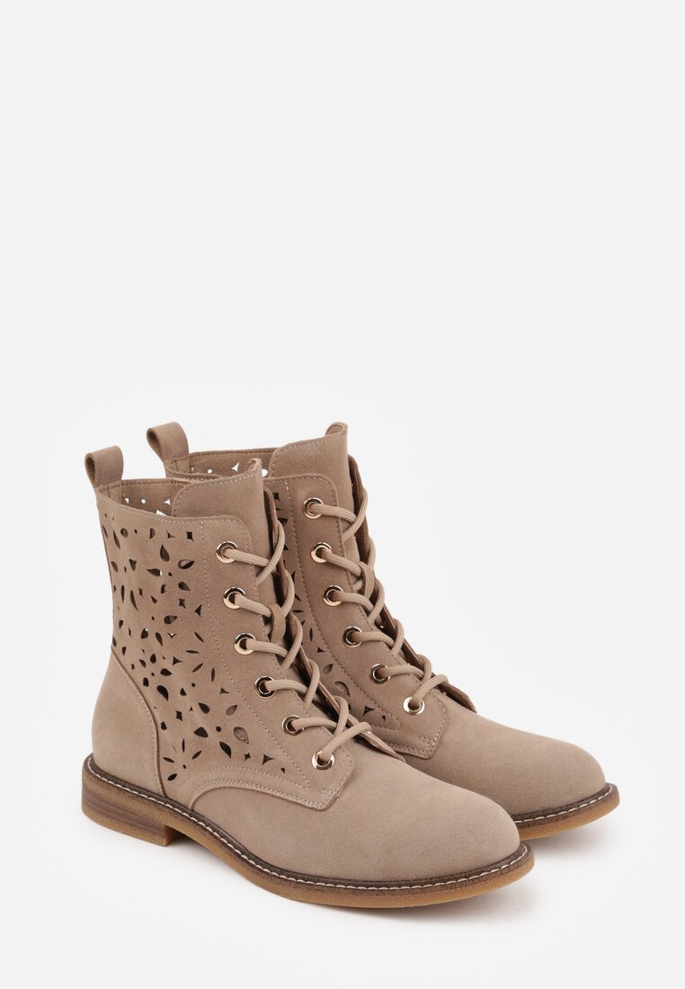 Ciemnobeżowe Skórzane Botki z Ażurowym Wzorem Kasona