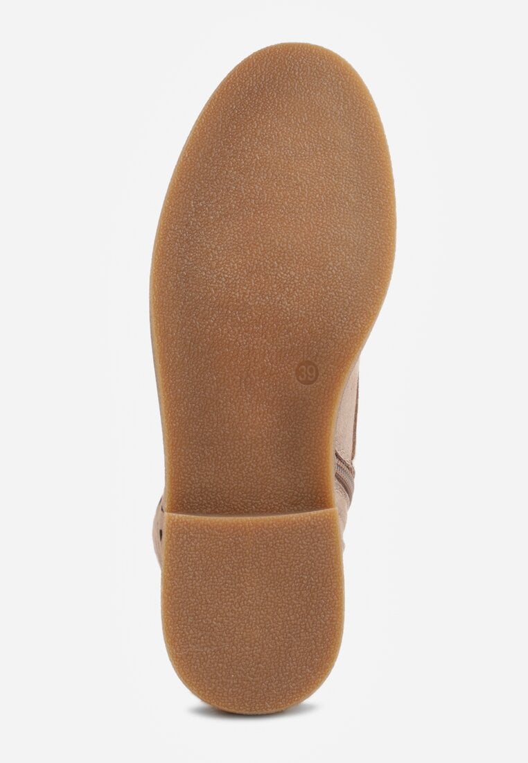 Ciemnobeżowe Skórzane Botki z Ażurowym Wzorem Kasona