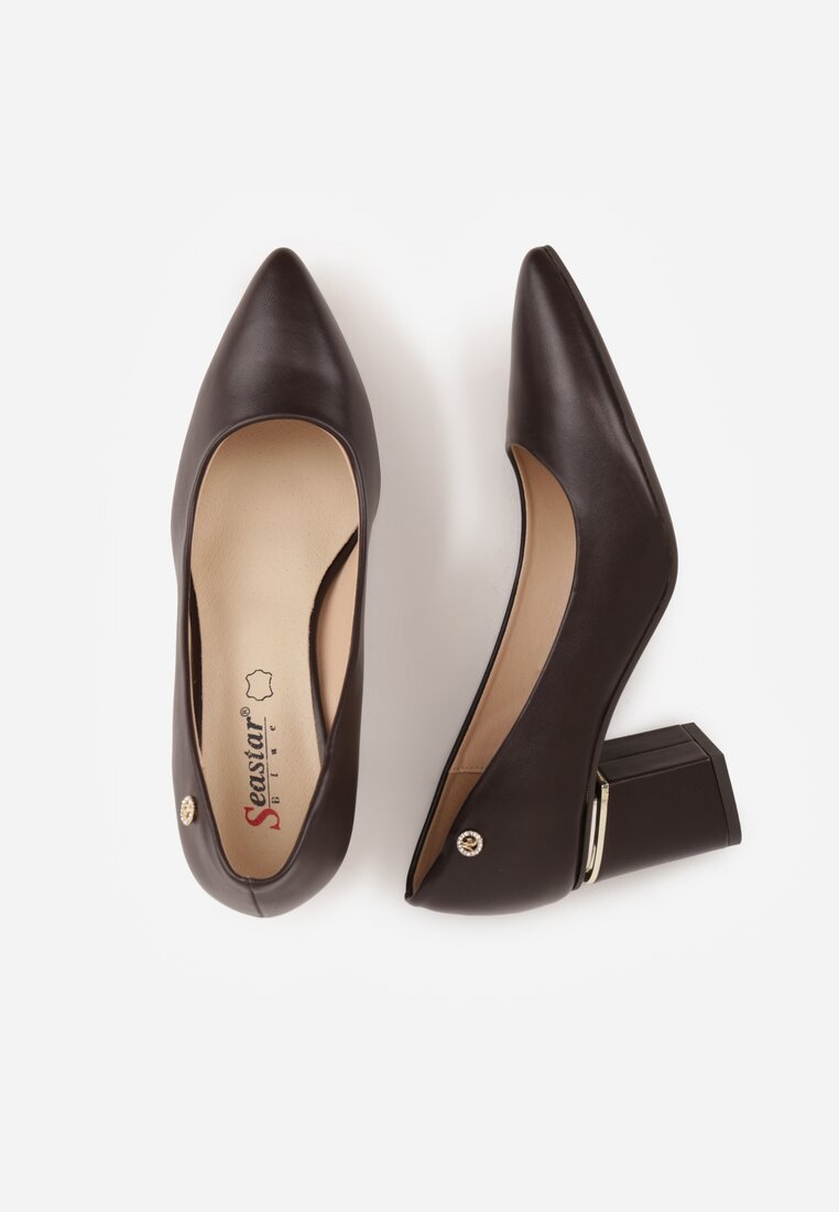 Brązowe Czółenka na Słupku z Wkładką ze Skóry Naturalnej i Metaliczną Aplikacją Nevas