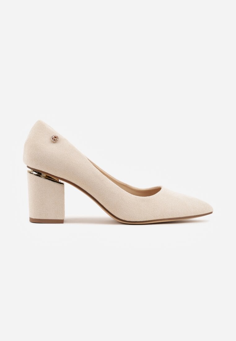 Beżowe Czółenka na Słupku z Wkładką ze Skóry Naturalnej i  Metaliczną Ozdobą Dynaste