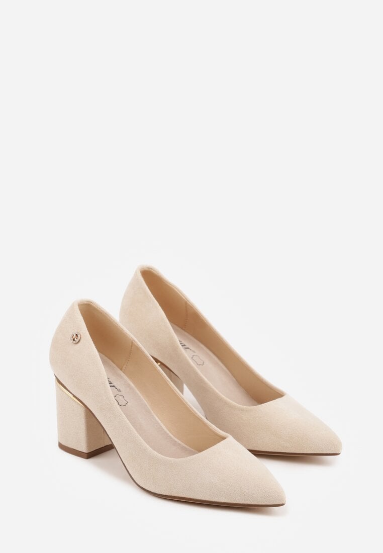 Beżowe Czółenka na Słupku z Wkładką ze Skóry Naturalnej i  Metaliczną Ozdobą Dynaste