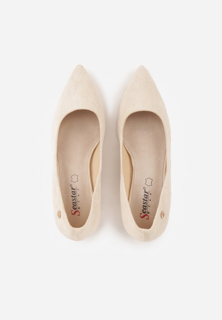 Beżowe Czółenka na Słupku z Wkładką ze Skóry Naturalnej i  Metaliczną Ozdobą Dynaste