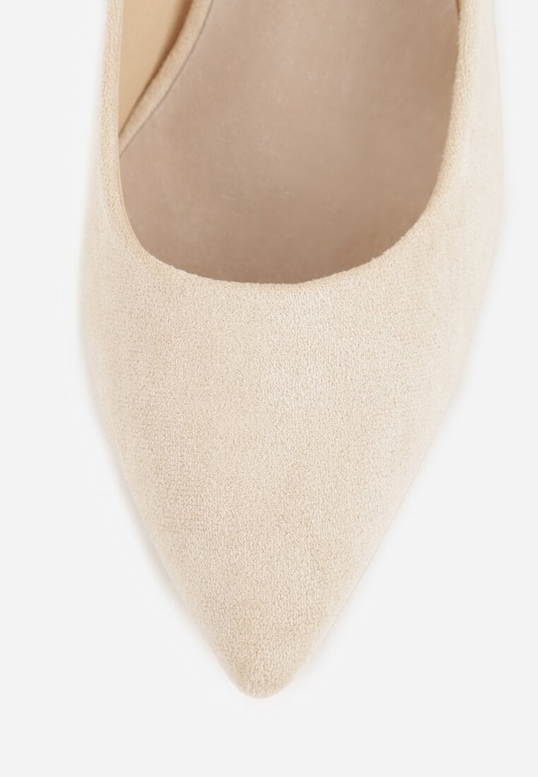 Beżowe Czółenka na Słupku z Wkładką ze Skóry Naturalnej i  Metaliczną Ozdobą Dynaste