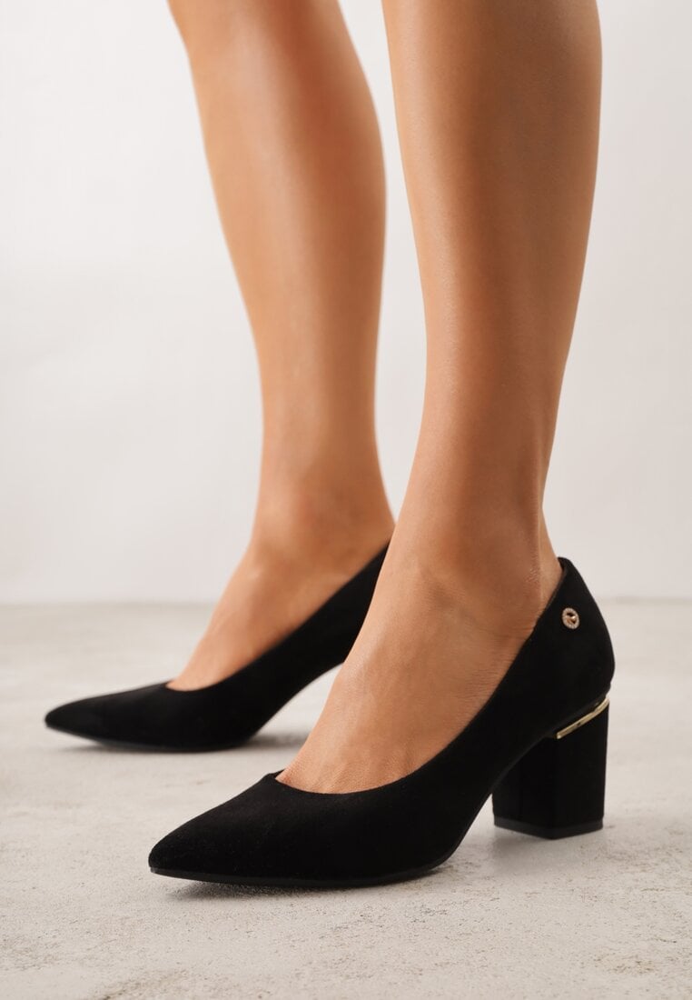 Czarne Czółenka na Słupku z Wkładką ze Skóry Naturalnej i  Metaliczną Ozdobą Dynaste