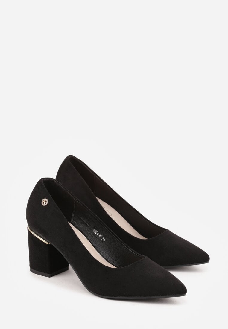 Czarne Czółenka na Słupku z Wkładką ze Skóry Naturalnej i  Metaliczną Ozdobą Dynaste