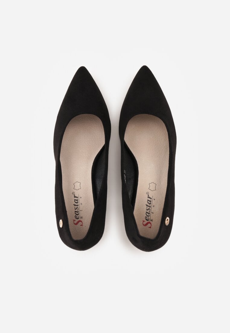 Czarne Czółenka na Słupku z Wkładką ze Skóry Naturalnej i  Metaliczną Ozdobą Dynaste