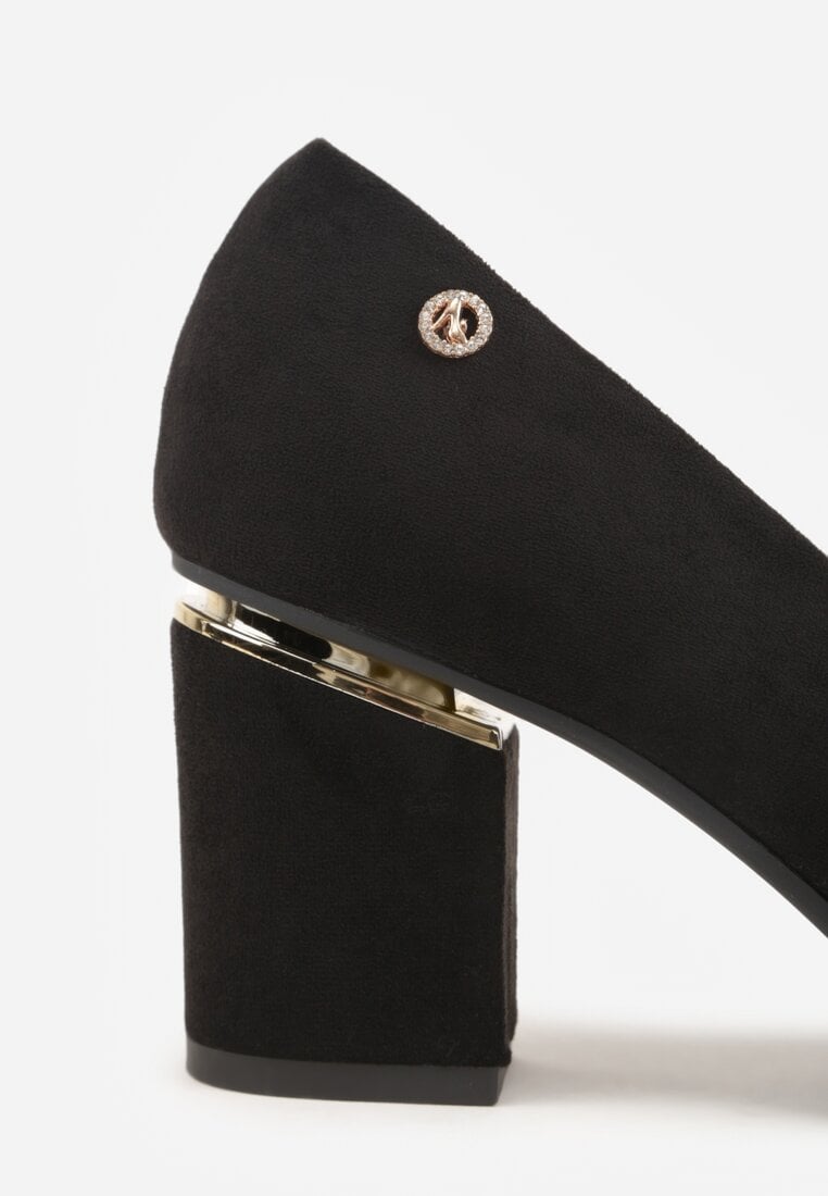 Czarne Czółenka na Słupku z Wkładką ze Skóry Naturalnej i  Metaliczną Ozdobą Dynaste