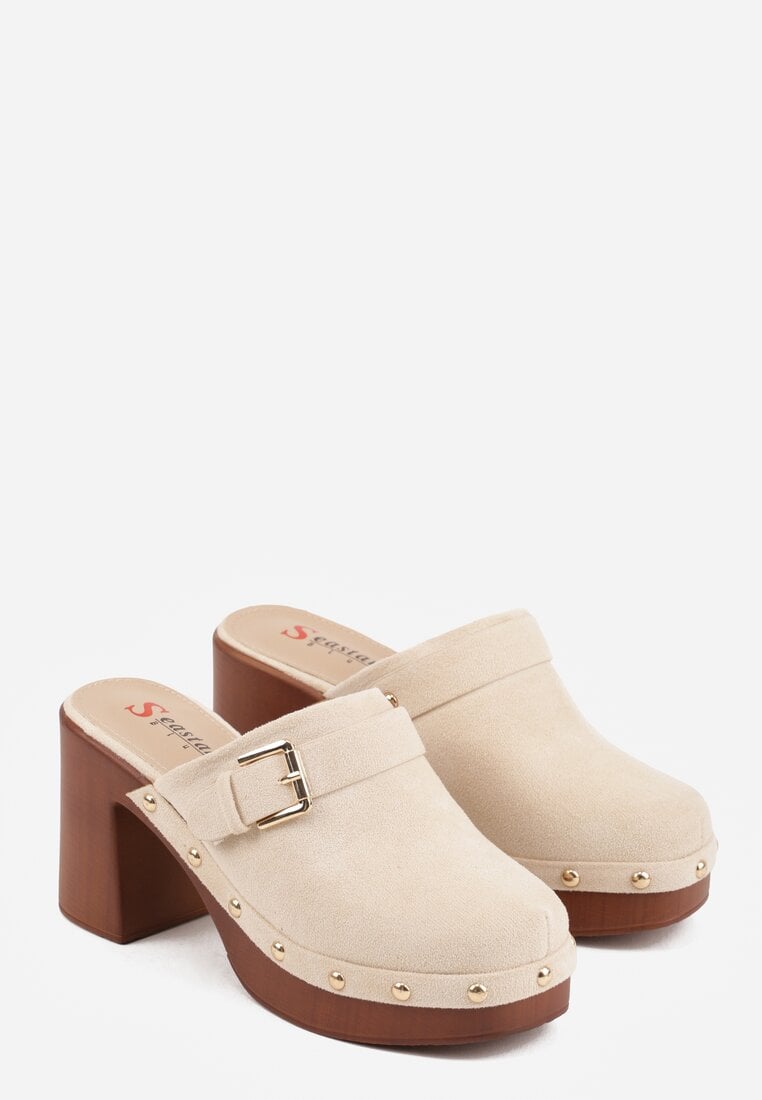 Beżowe Klapki na Słupku w Stylu Chodaków z Klamrami i Nitami Semelaia