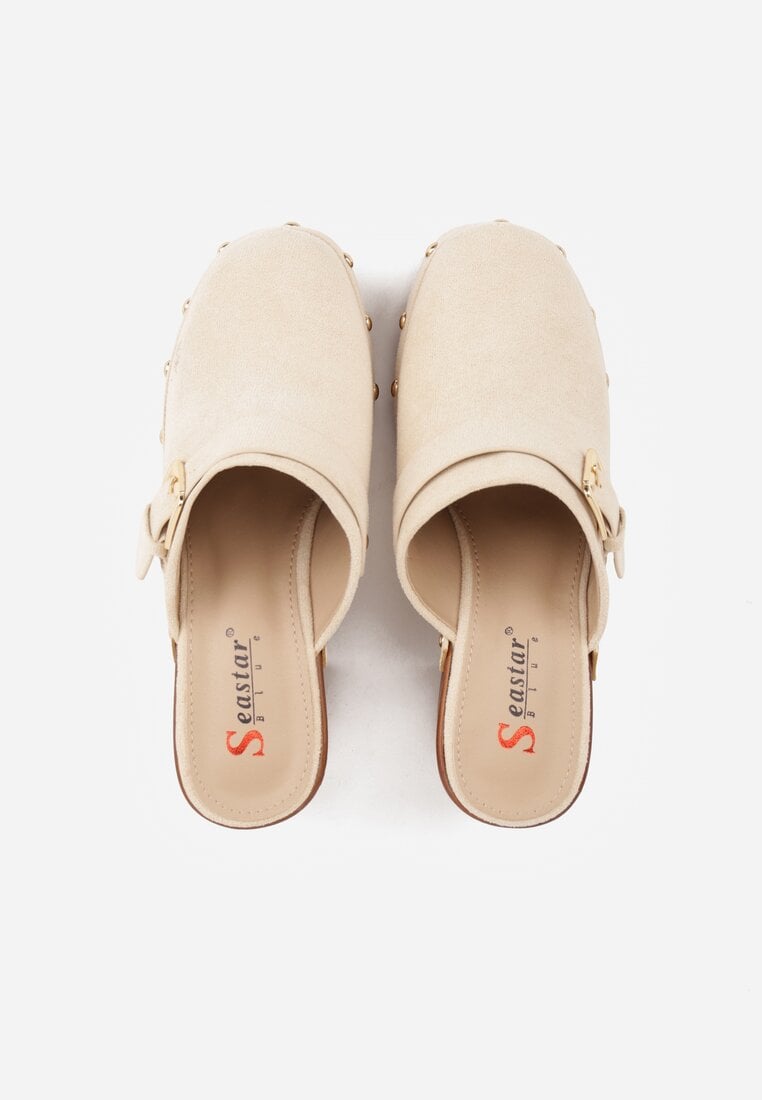 Beżowe Klapki na Słupku w Stylu Chodaków z Klamrami i Nitami Semelaia
