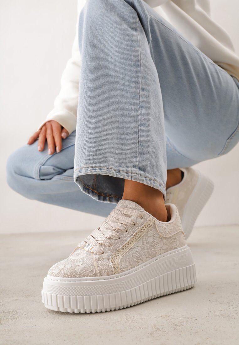Beżowe Sneakersy na Platformie z Cholewką z Koronką i Brokatem Chada