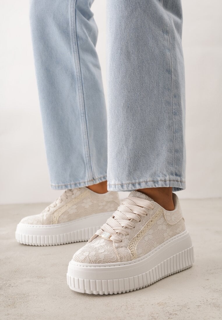 Beżowe Sneakersy na Platformie z Cholewką z Koronką i Brokatem Chada