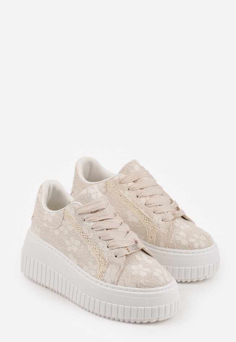 Beżowe Sneakersy na Platformie z Cholewką z Koronką i Brokatem Chada