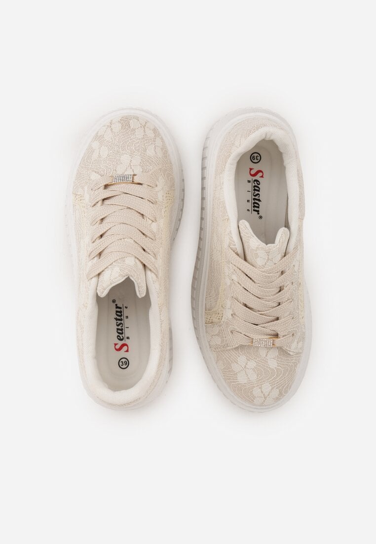 Beżowe Sneakersy na Platformie z Cholewką z Koronką i Brokatem Chada