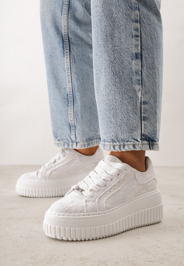 Białe Sneakersy na Platformie z Cholewką z Koronką i Brokatem Chada