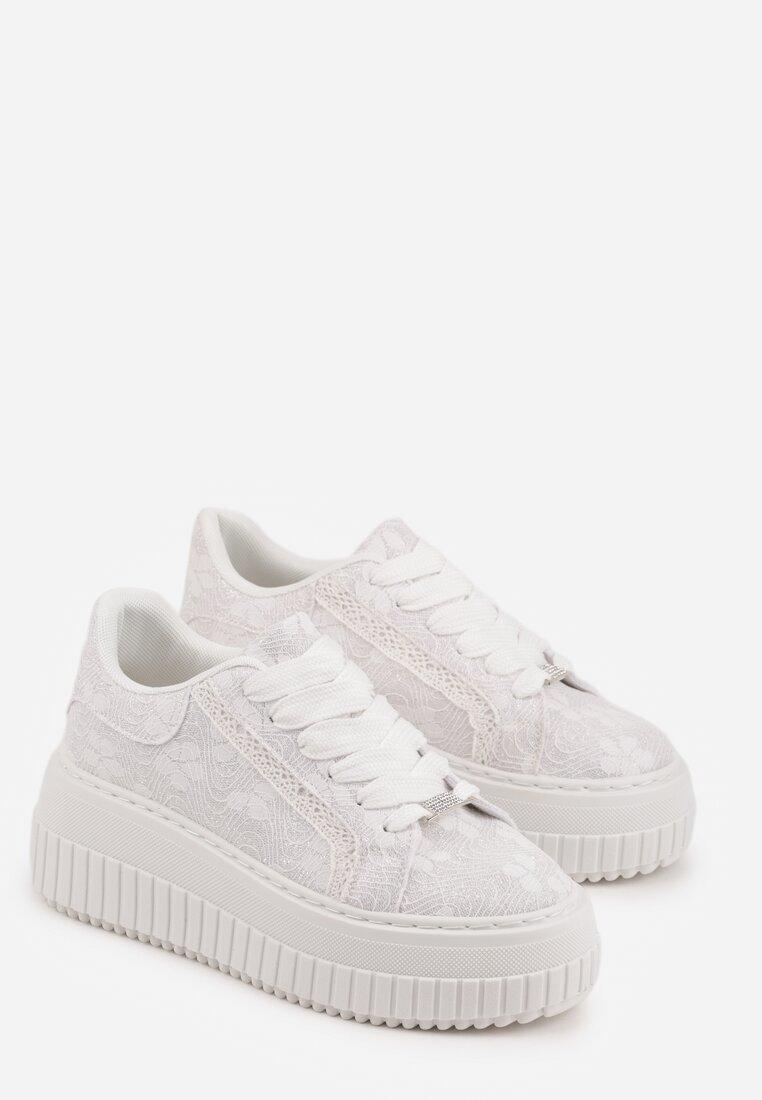 Białe Sneakersy na Platformie z Cholewką z Koronką i Brokatem Chada