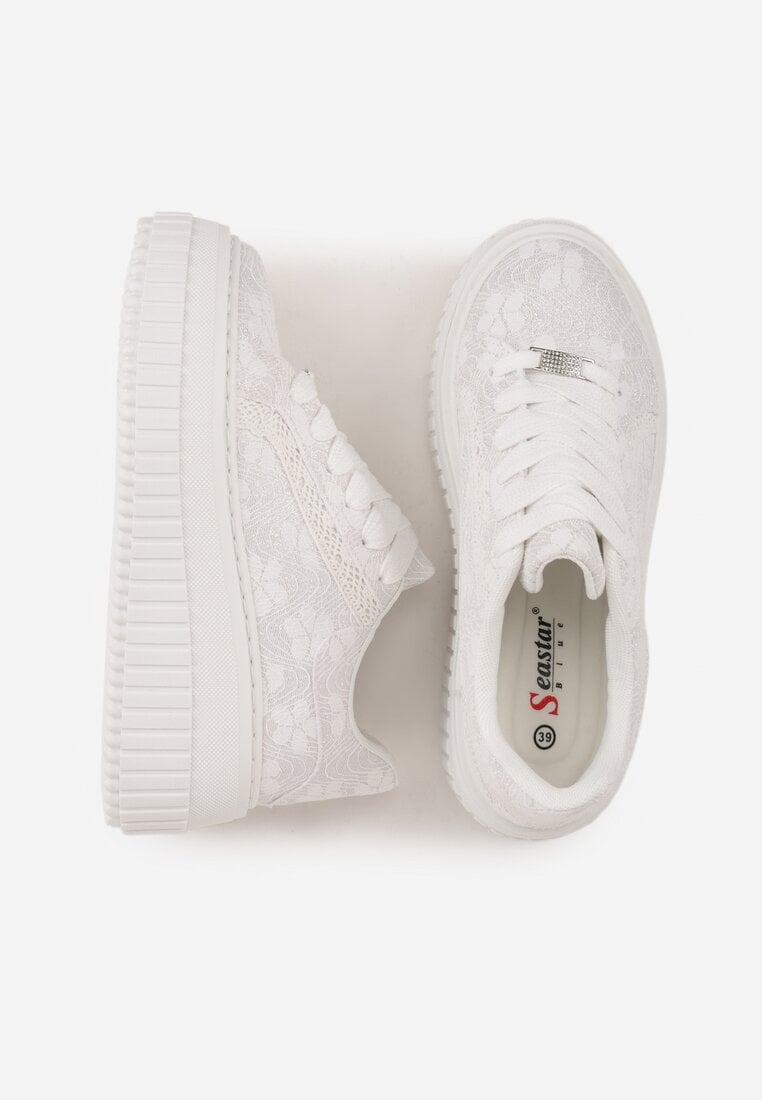 Białe Sneakersy na Platformie z Cholewką z Koronką i Brokatem Chada