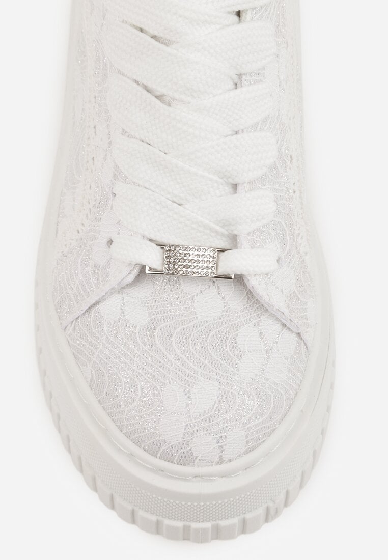 Białe Sneakersy na Platformie z Cholewką z Koronką i Brokatem Chada