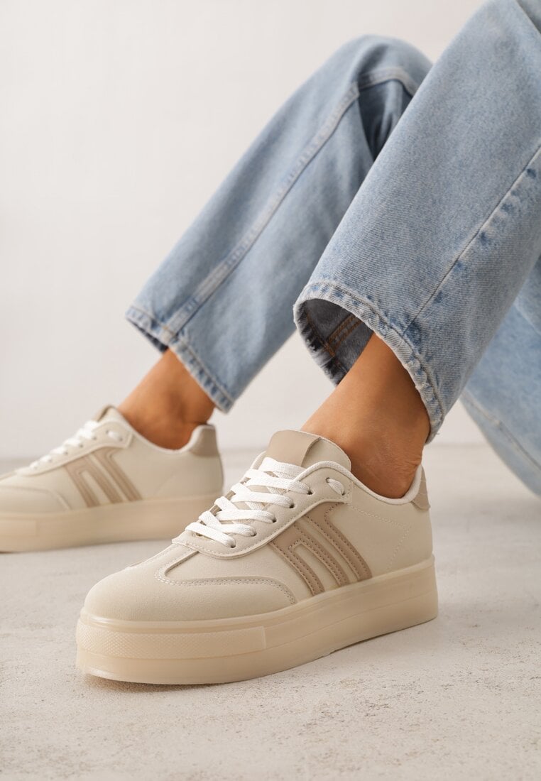 Beżowe Sneakersy w Stylu Klasycznych Tenisówek na Grubej Podeszwie Yenoinne