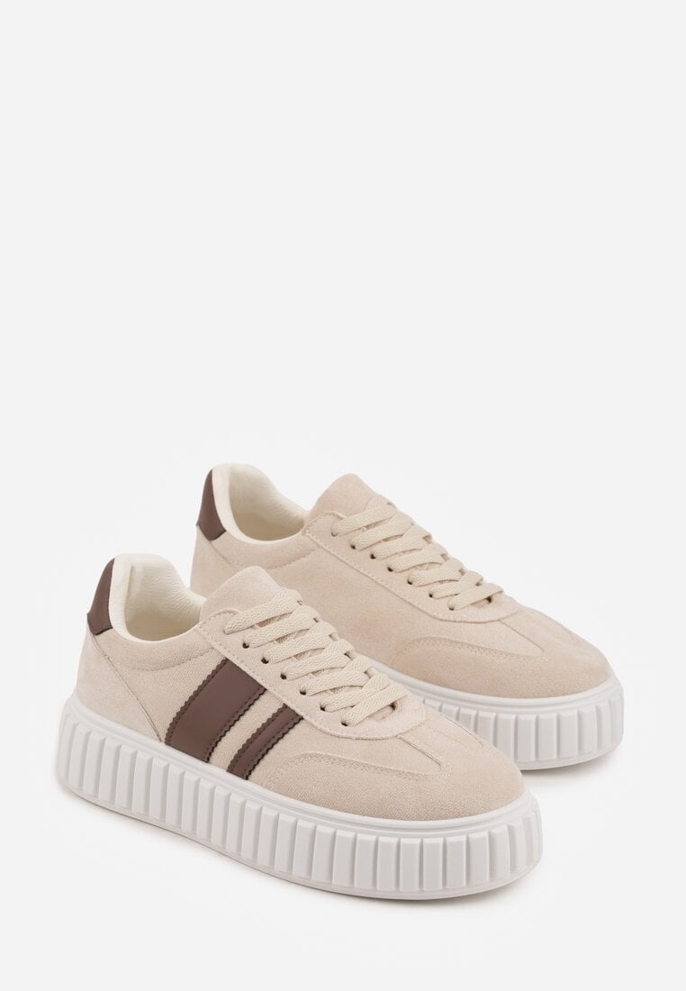 Beżowe Sneakersy na Tłoczonej Platformie Ozdobione Dwoma Paskami Hesaia