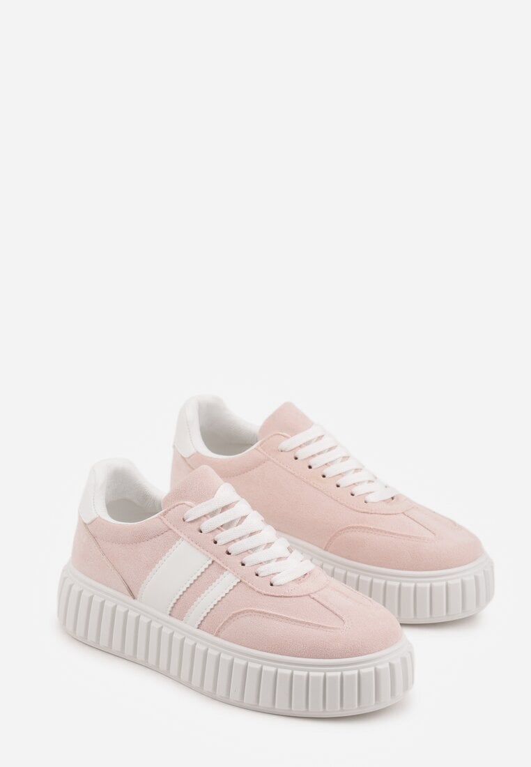 Różowe Sneakersy na Tłoczonej Platformie Ozdobione Dwoma Paskami Hesaia