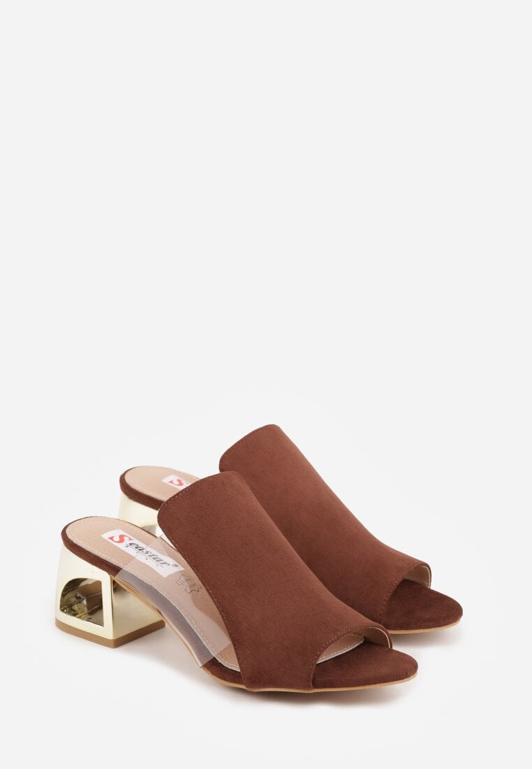 Brązowe Transparentne Klapki na Słupku z Wkładką ze Skóry Naturalnej Neveliza