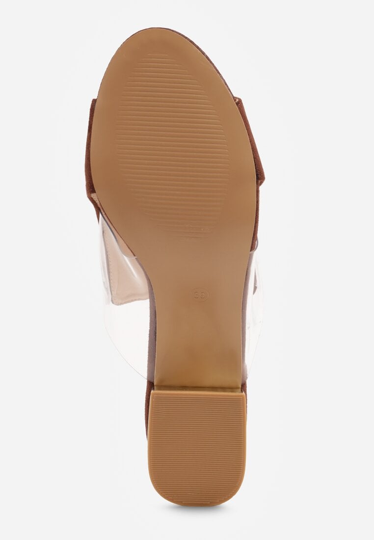 Brązowe Transparentne Klapki na Słupku z Wkładką ze Skóry Naturalnej Neveliza