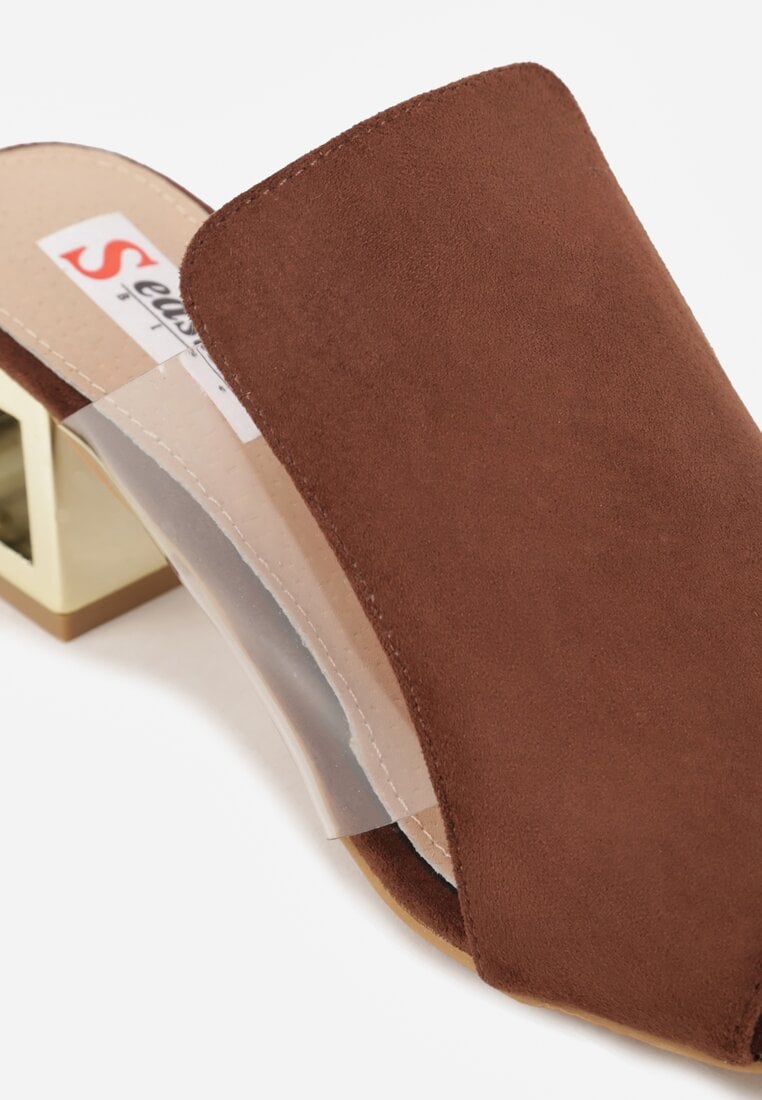 Brązowe Transparentne Klapki na Słupku z Wkładką ze Skóry Naturalnej Neveliza