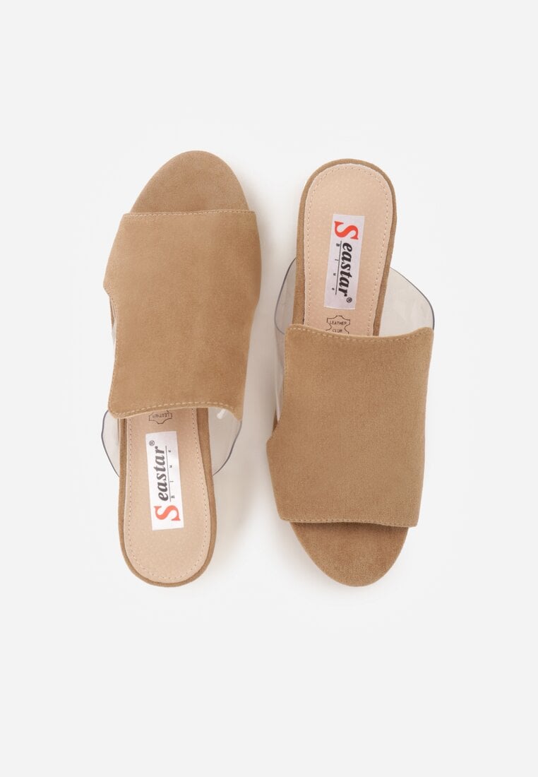 Ciemnobeżowe Transparentne Klapki na Słupku z Wkładką ze Skóry Naturalnej Neveliza