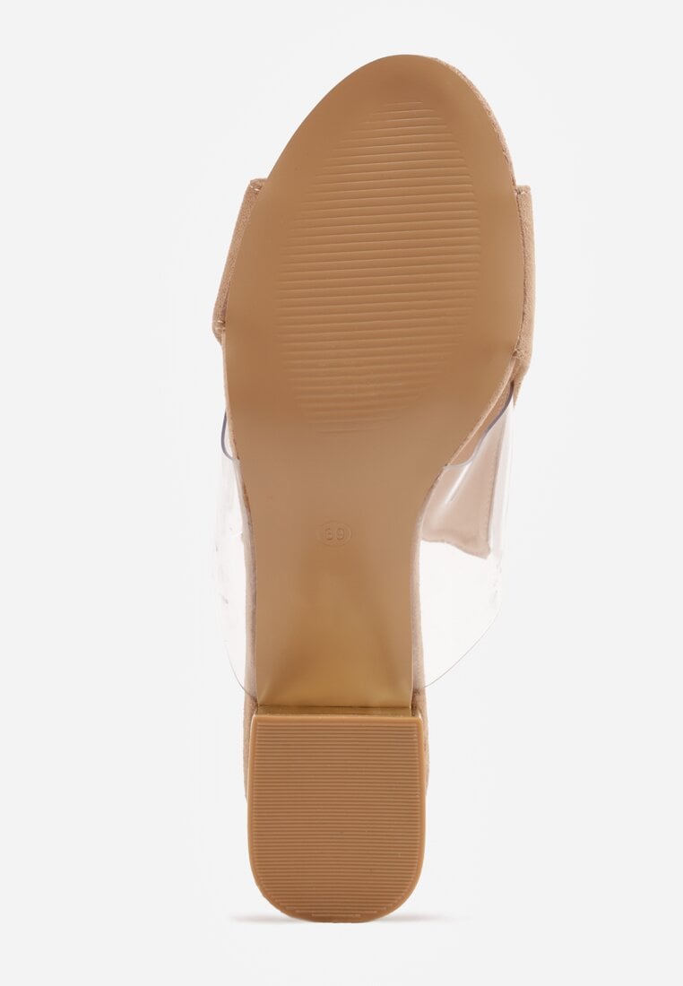 Ciemnobeżowe Transparentne Klapki na Słupku z Wkładką ze Skóry Naturalnej Neveliza