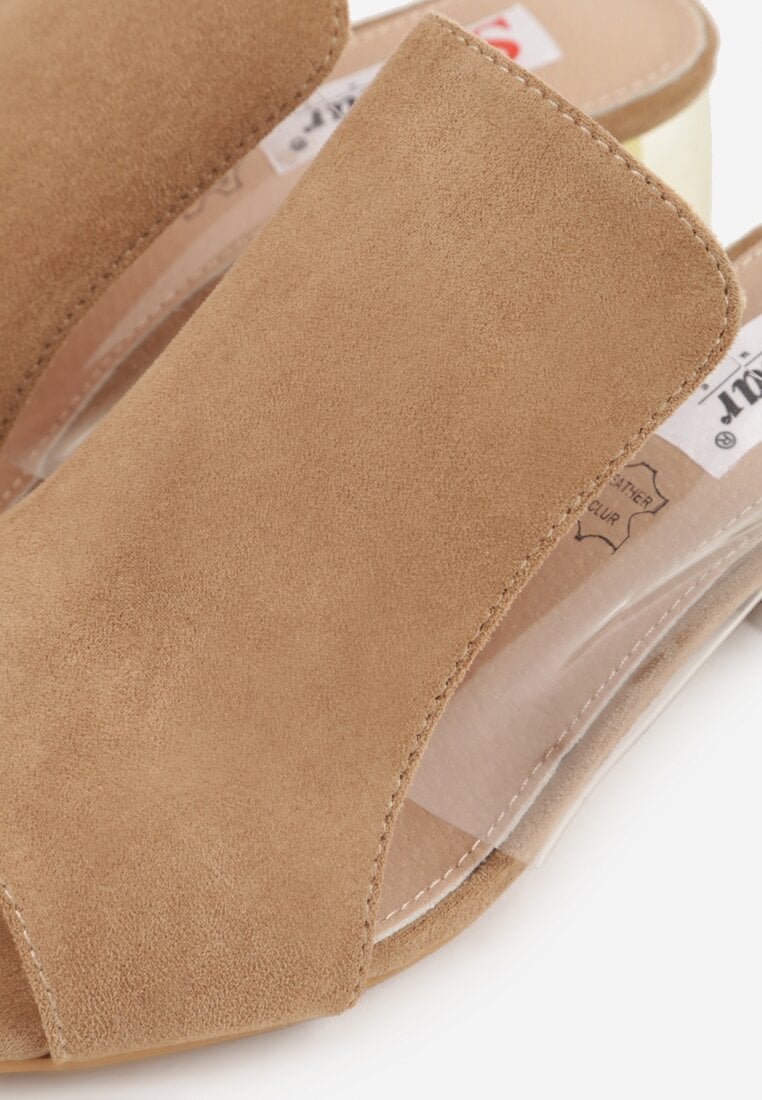 Ciemnobeżowe Transparentne Klapki na Słupku z Wkładką ze Skóry Naturalnej Neveliza