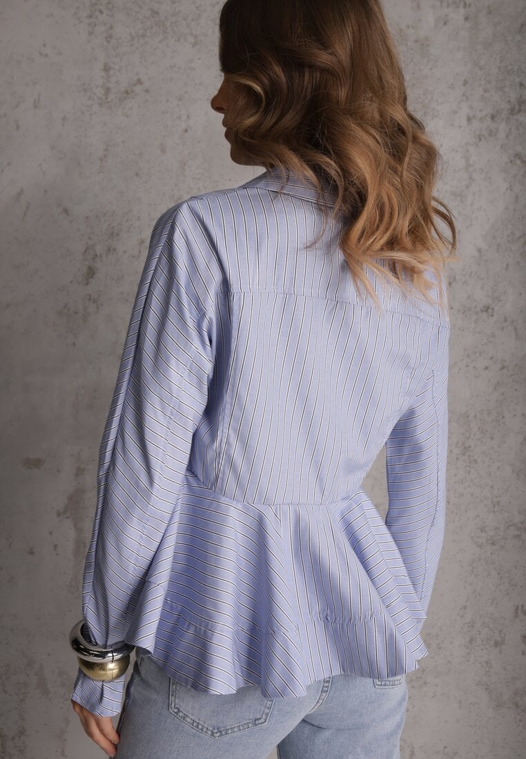 Niebieska Koszula z Baskinką z Bawełną Zdobiona Wzorem w Drobne Paski Merithara