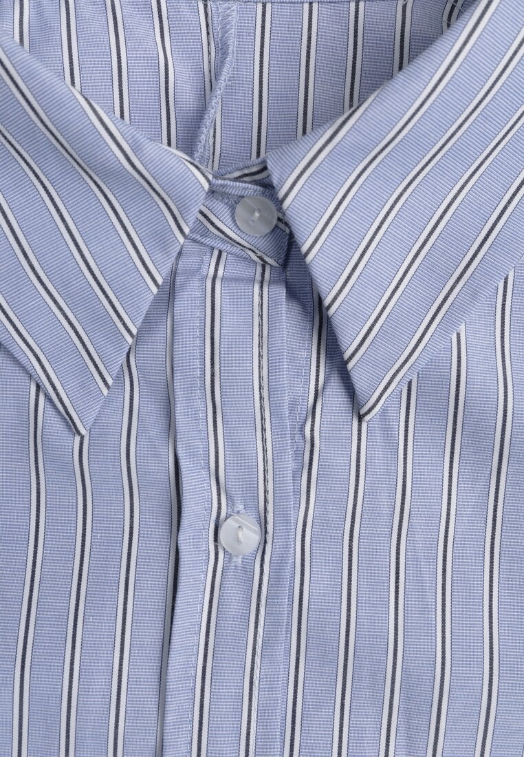 Niebieska Koszula z Baskinką z Bawełną Zdobiona Wzorem w Drobne Paski Merithara