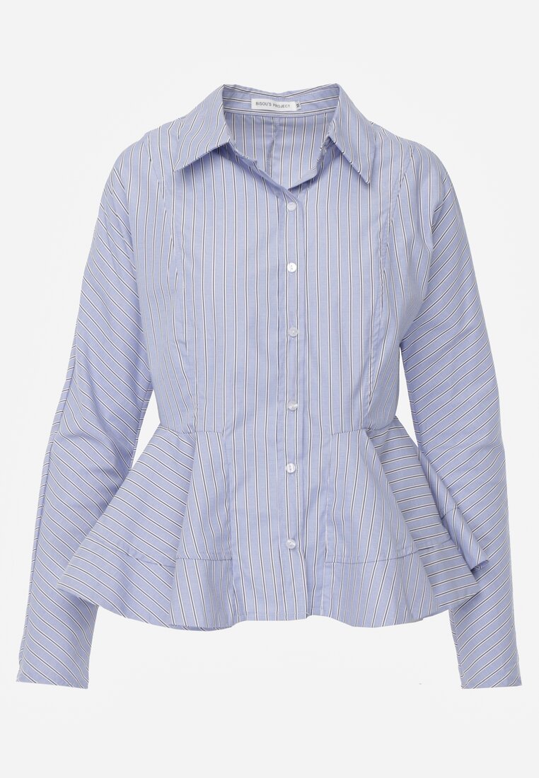 Niebieska Koszula z Baskinką z Bawełną Zdobiona Wzorem w Drobne Paski Merithara